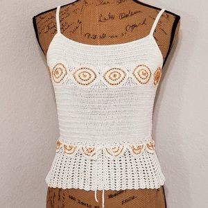 Pamplona White Crochet Wood Bead Detailing Drawstring Top Size Large